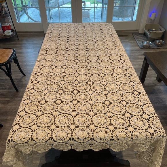 Vintage Hand Crocheted Large Tablecloth Cream Colored 81” x 81”
